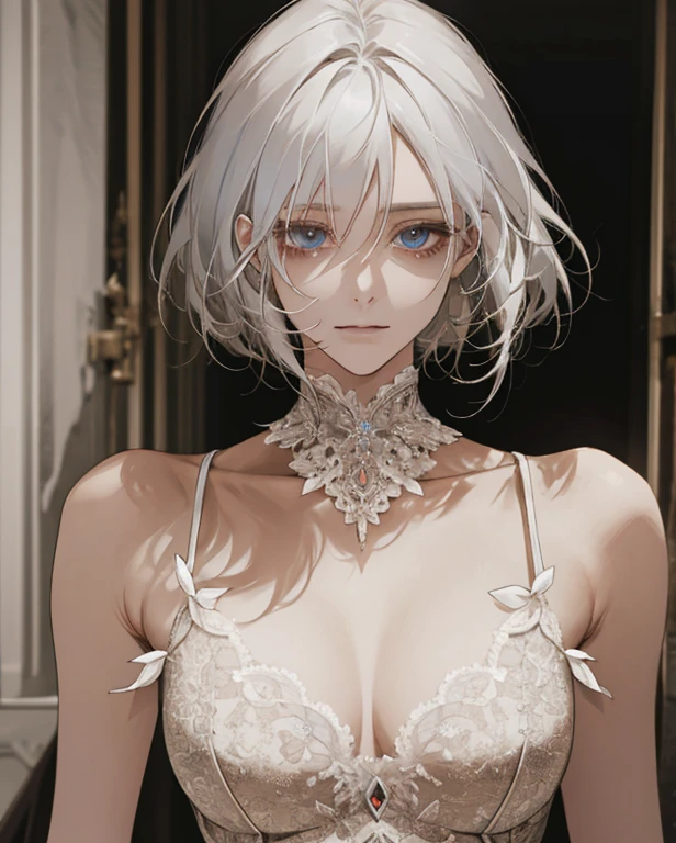 (best quality,high resolution:1.2),Super detailed,actual:1.37,a sexy, Mature and beautiful lady wearing black royal robe, Comes with lace lingerie, showing her angry expression, Close-up of her breasts, white hair, red eyes, and exposed her underwear