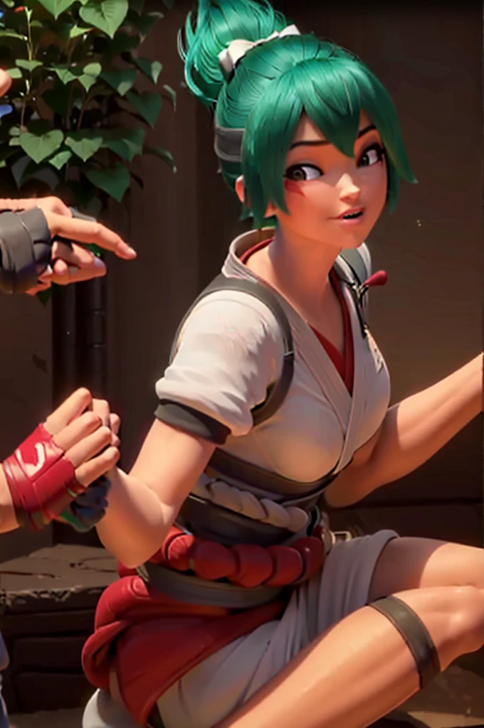 (((Fighting pose))),realistic, realism, photorealism, photo-realistic, high contrast, (photorealistic:1.4), 8k high definition detailed realistic, (best quality, masterpiece:1.2),  photon mapping, radiosity, physically-based rendering, best quality, highly detailed, 1girl,  owkiriko, green hair:0.6, looks at the viewer, red dress, ((glowing eyes)),