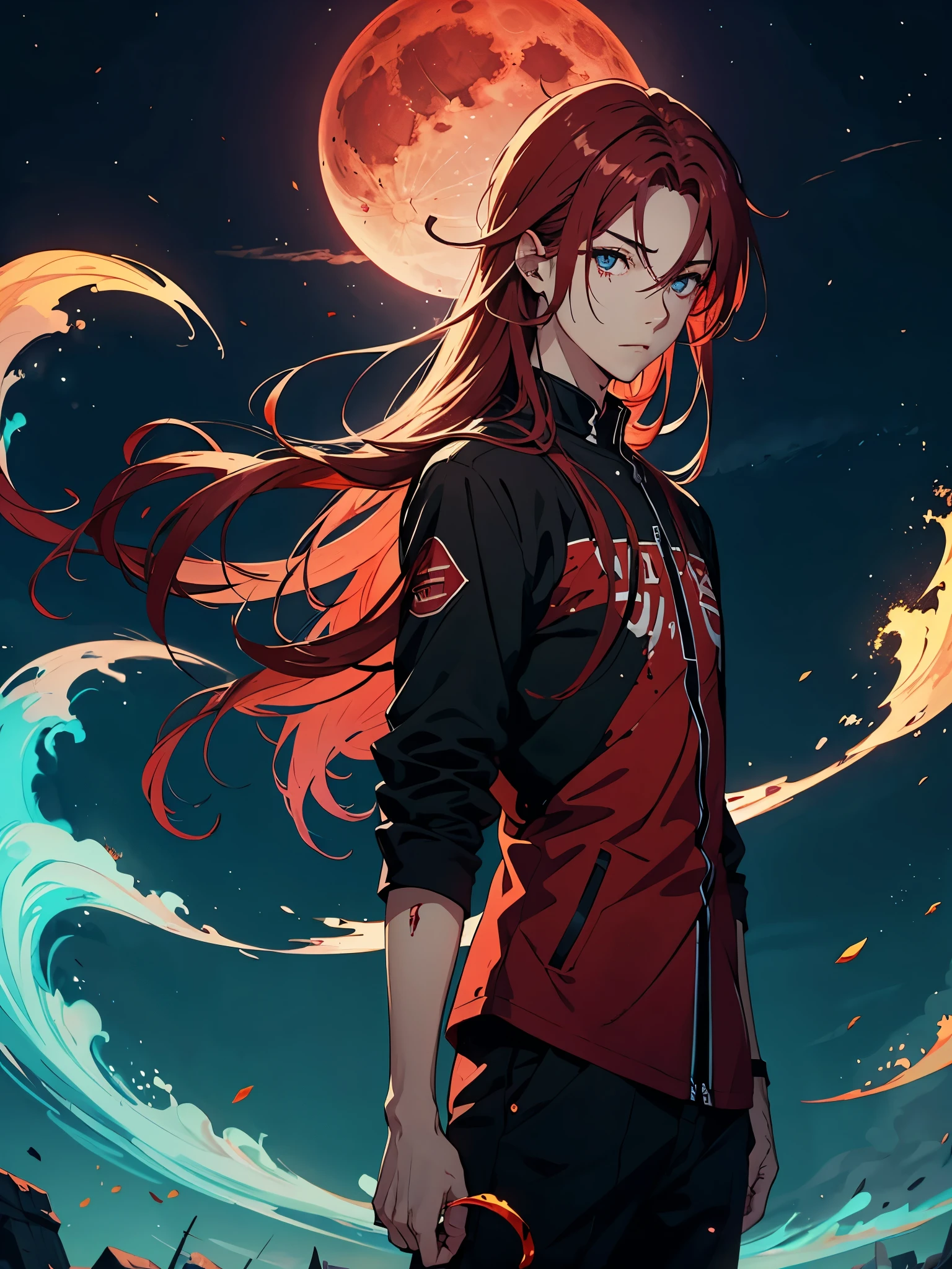 火. 火rote Haare. Red hair. Red eyeliner. Blood Moon. More anime. male. Long hair. Boy.