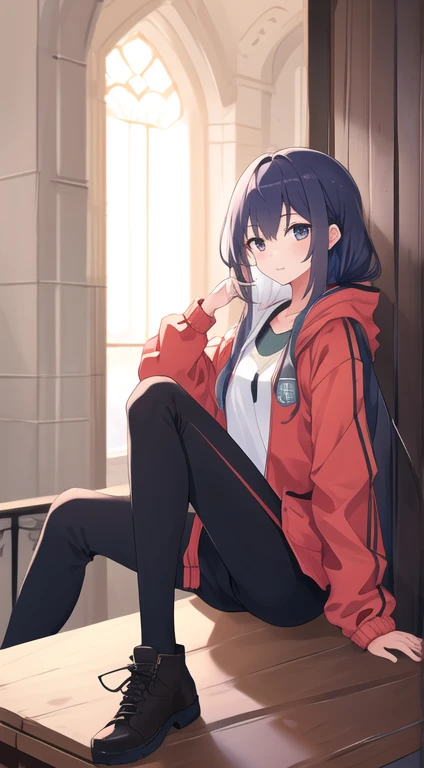 One girl,Lifeland,Sitting, (masterpiece, Highest quality), (One girl17歳) Slim Long Windbreaker