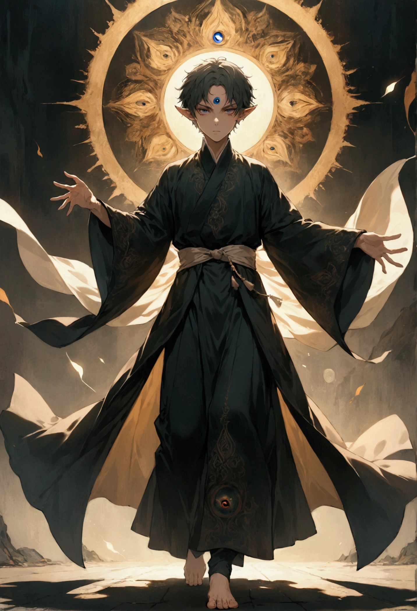 a boy with short hair, solo, third eye on the forehead, elf ears, long robe with eye patterns and dark colors, full body shot, death stare background, dynamic pose