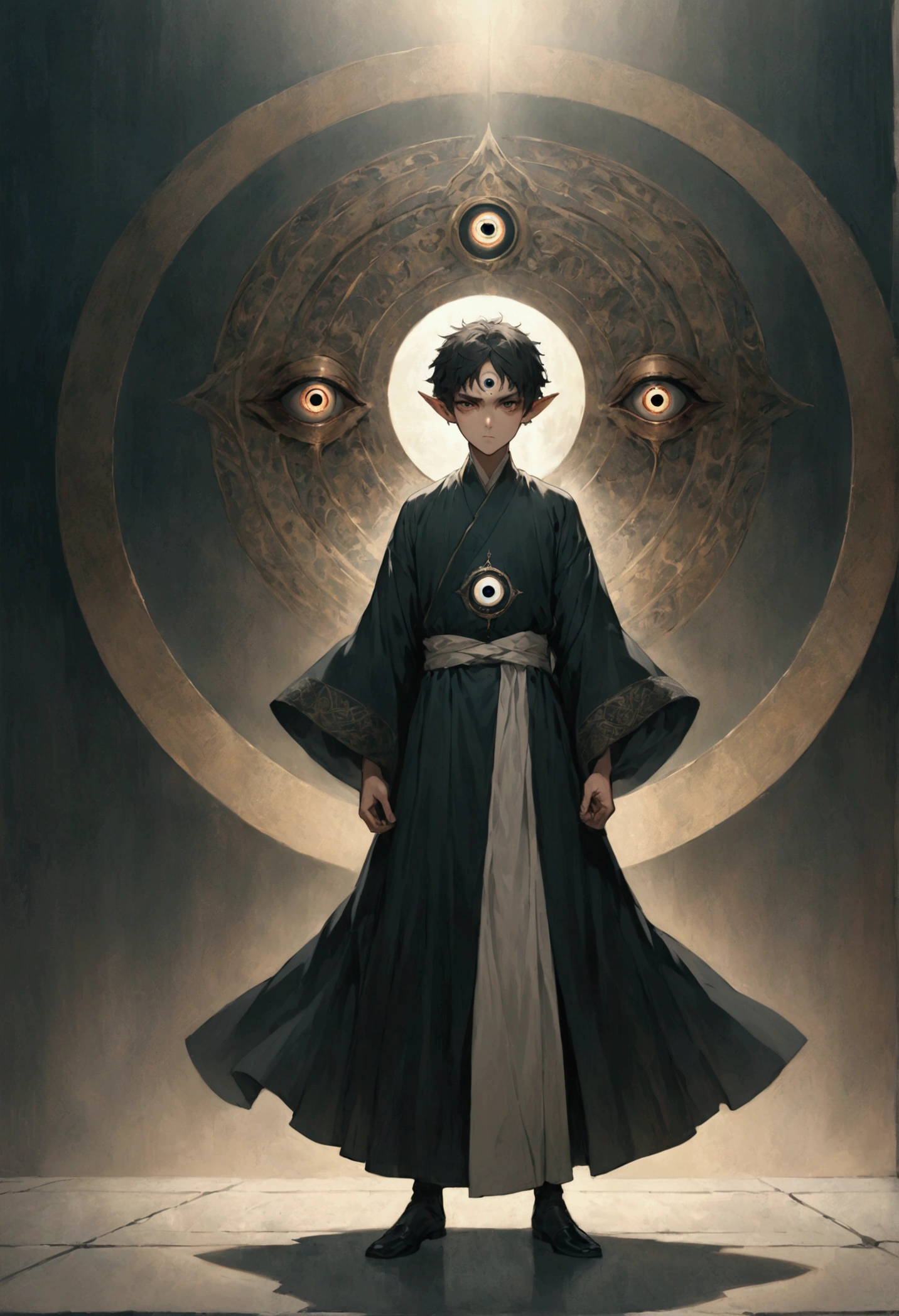 a boy with short hair, solo, third eye on the forehead, elf ears, long robe with eye patterns and dark colors, full body shot, death stare background, dynamic pose