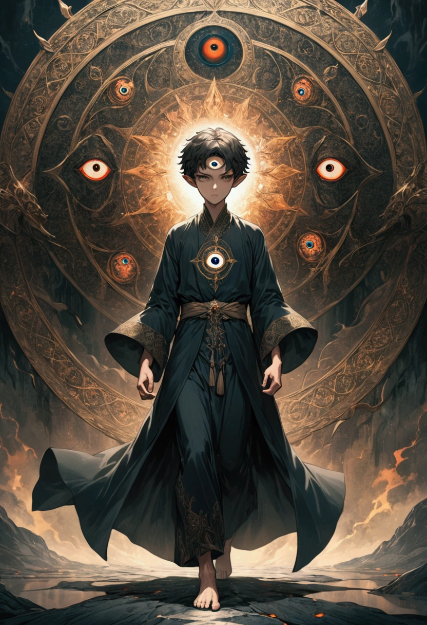a boy with short hair, solo, third eye on the forehead, elf ears, long robe with eye patterns and dark colors, full body shot, death stare background, dynamic pose