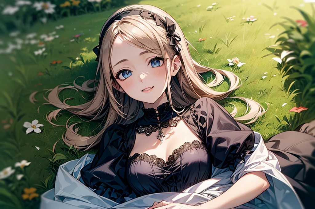 (Biologically correct limb count)、Full body, including face、4K、masterpiece、Focus on the face、Well-proportioned facial features、Delicate descriptive eyes、One beautiful woman、Excellent style、(head band、Gothic ta、Blue clothes、High heels)、(smile)、(Close-up photo of the upper body)、look up、Photos with white borders、Looking into the camera、Lying on the grass、
