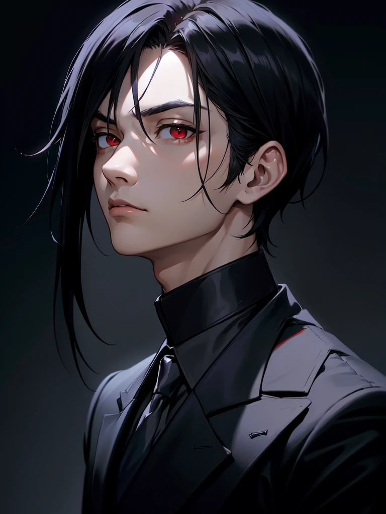 (((Portrait Photo))), He has a Dark and Mysterious Appearance of a Young Boy, with a Lean and Elegant Build. His Long, Straight Black Hair Falls Gracefully Around His Face. His Red Eyes are Full of Depth and Intrigue. He is Dressed in a Sophisticated Black Suit. His Expression is Serious and Slightly Brooding, with a Sense of Reserved Confidence and Mysterious Charm. (((High Quality, Dark Background))), (((Portrait Photo)))