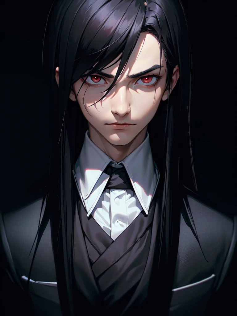 (((Portrait Photo))), He has a Dark and Mysterious Appearance of a Young Boy, with a Lean and Elegant Build. His Long, Straight Black Hair Falls Gracefully Around His Face. His Red Eyes are Full of Depth and Intrigue. He is Dressed in a Sophisticated Black Suit. His Expression is Serious and Slightly Brooding, with a Sense of Reserved Confidence and Mysterious Charm. (((High Quality, Dark Background))), (((Portrait Photo)))