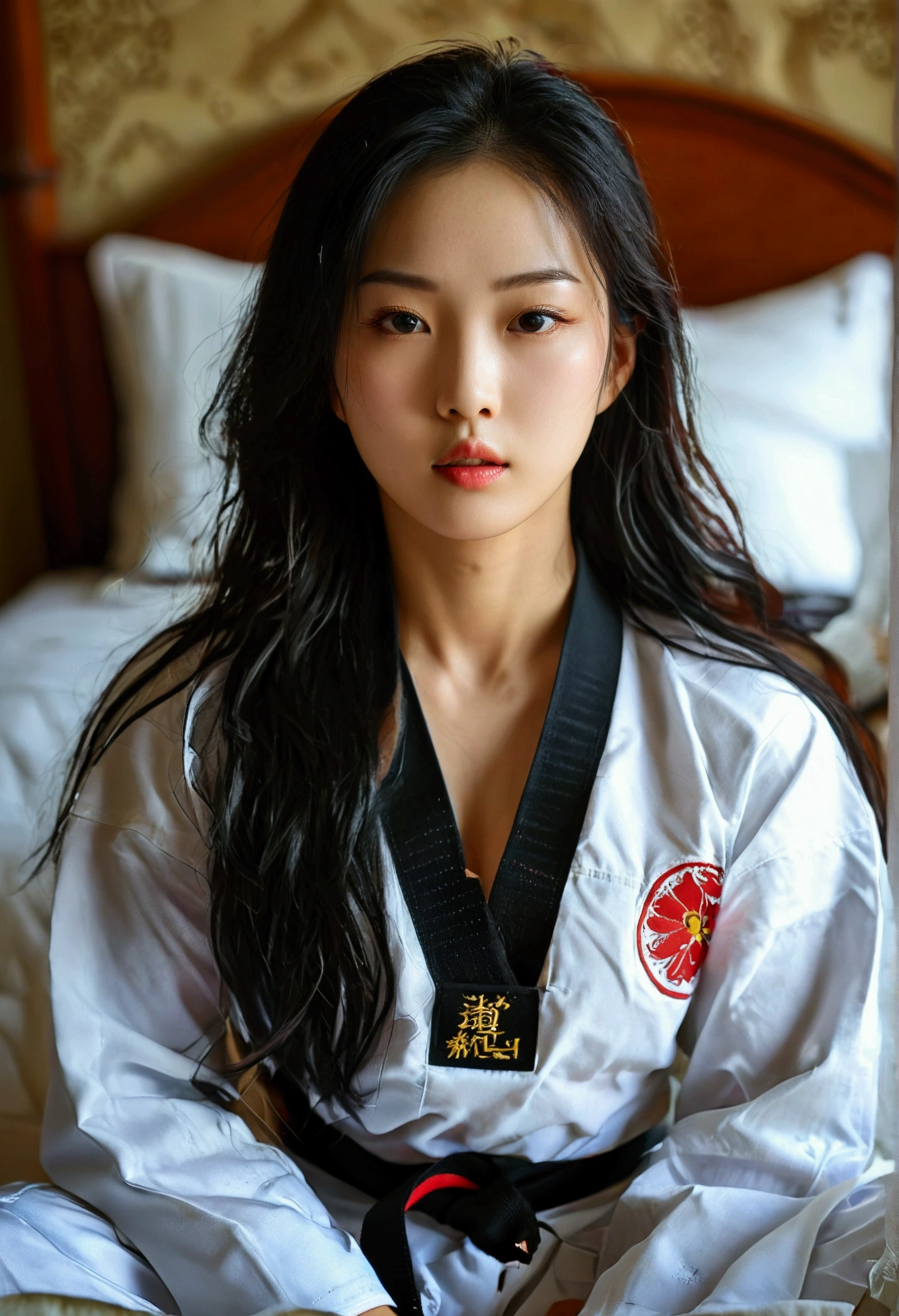 masterpiece, ultra details, best quality, 1 sexy korean taekwondo girl, masterpiece, ultra details, best quality, black long straight hair, wearing white World Taekwondo Federation dobok uniform with black v-neck, wearing taekwondo blackbelt, wearing white martial arts pants without pockets, large sweaty butt, large breasts, laying on hotel bed bending over showing butt, sweat on face
