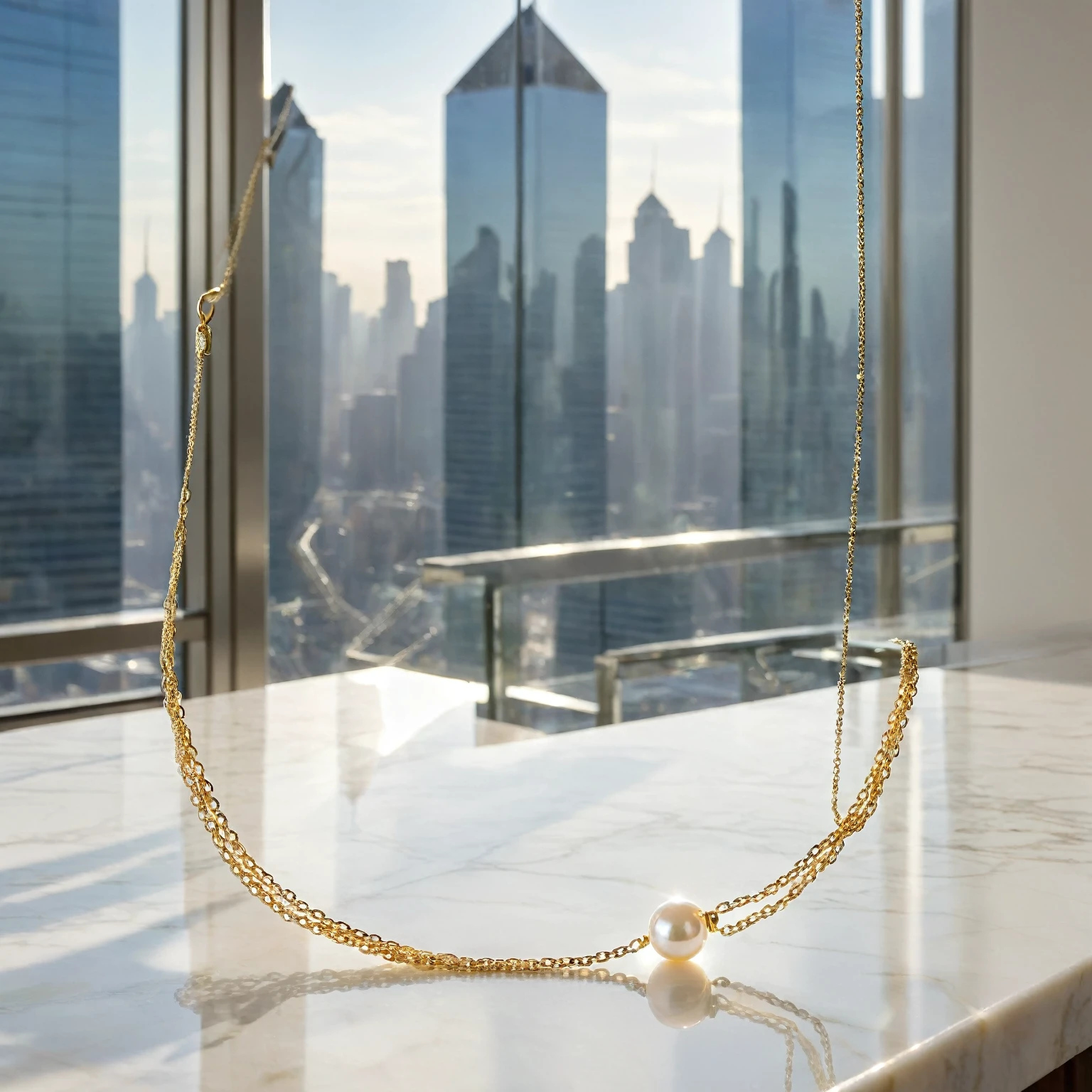 A high-resolution, cinematic photo of a delicate gold chain necklace adorned with a single, freshwater pearl displayed on a sleek marble countertop in a modern apartment. The chain rests gracefully on the countertop, with the pearl catching the light filtering through the large windows. In the background, a vibrant cityscape unfolds, with towering skyscrapers reaching towards the sky. Sunlight reflects off the glass windows, creating a dynamic backdrop.