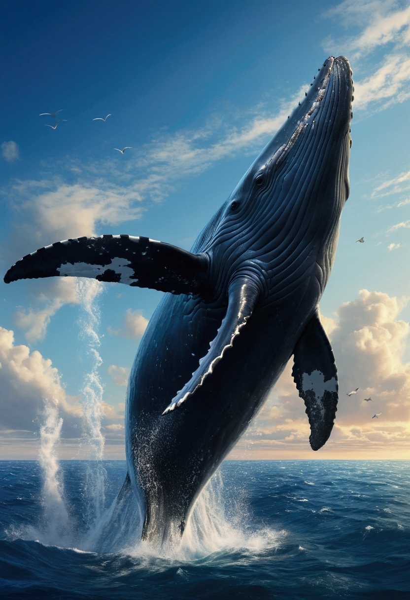 humpback whale, flying in sky, illustrations, over the sea