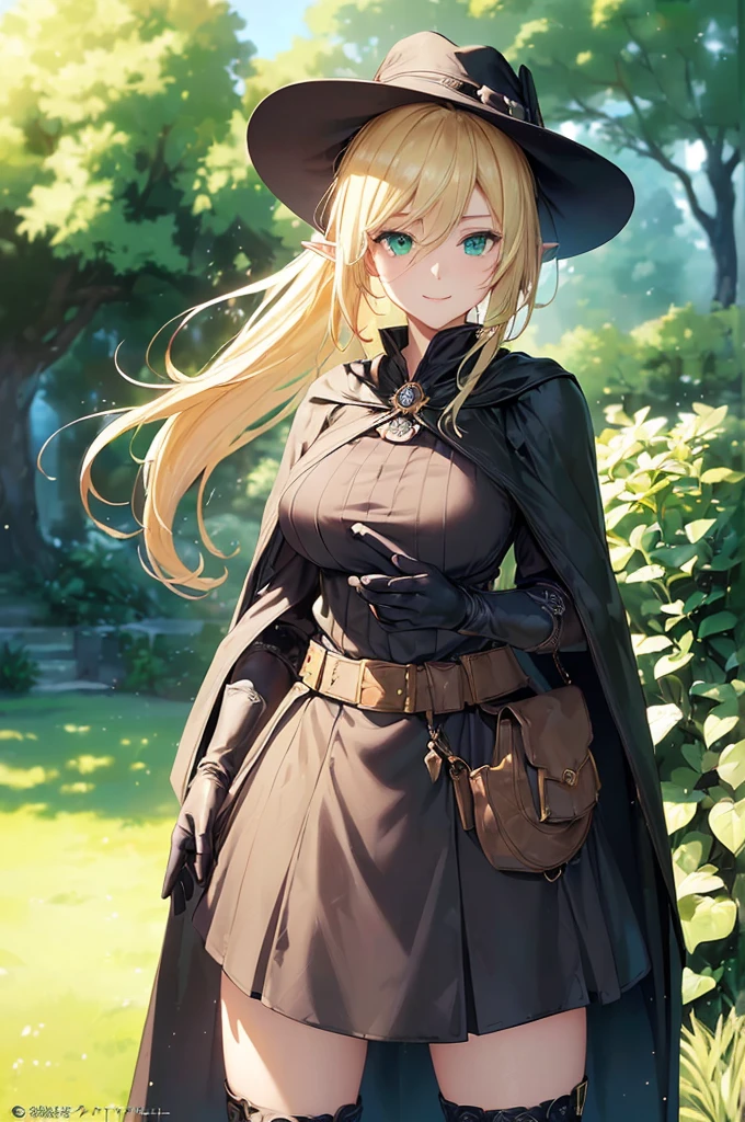 (((masterpiece; best quality: 1.2))), (finely detailed eyes: 1.3), (25 year old elf woman), (solo), (green eyes: 1.4), (body; big breasts, fit, femenine: 1.3), (silky blonde hair in low ponytail: 1.3), (beautiful and clear background: 1.2), ((depth of field)), (equipment: adventurer garb + modest + elegant wide-brimmed hat + dark blouse + dark cape + black long skirt + gloves + belt + pouches: 1.3), (anime illustration: 1.2), (background composition; royal garden: 1.1), (extremely fine and beautiful: 1.1), (shot composition; standing + centered on torso + close-up: 1.5), (expression; calm, smile: 1.2)