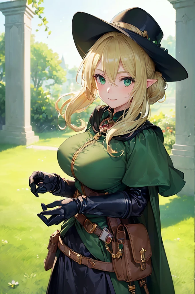 (((masterpiece; best quality: 1.2))), (finely detailed eyes: 1.3), (25 year old elf woman), (solo), (green eyes: 1.4), (body; big breasts, fit, femenine: 1.3), (silky blonde hair in low ponytail: 1.3), (beautiful and clear background: 1.2), ((depth of field)), (equipment: adventurer garb + modest + elegant wide-brimmed hat + dark blouse + dark cape + black long skirt + gloves + belt + pouches: 1.3), (anime illustration: 1.2), (background composition; royal garden: 1.1), (extremely fine and beautiful: 1.1), (shot composition; standing + centered on torso + close-up: 1.5), (expression; calm, smile: 1.2)