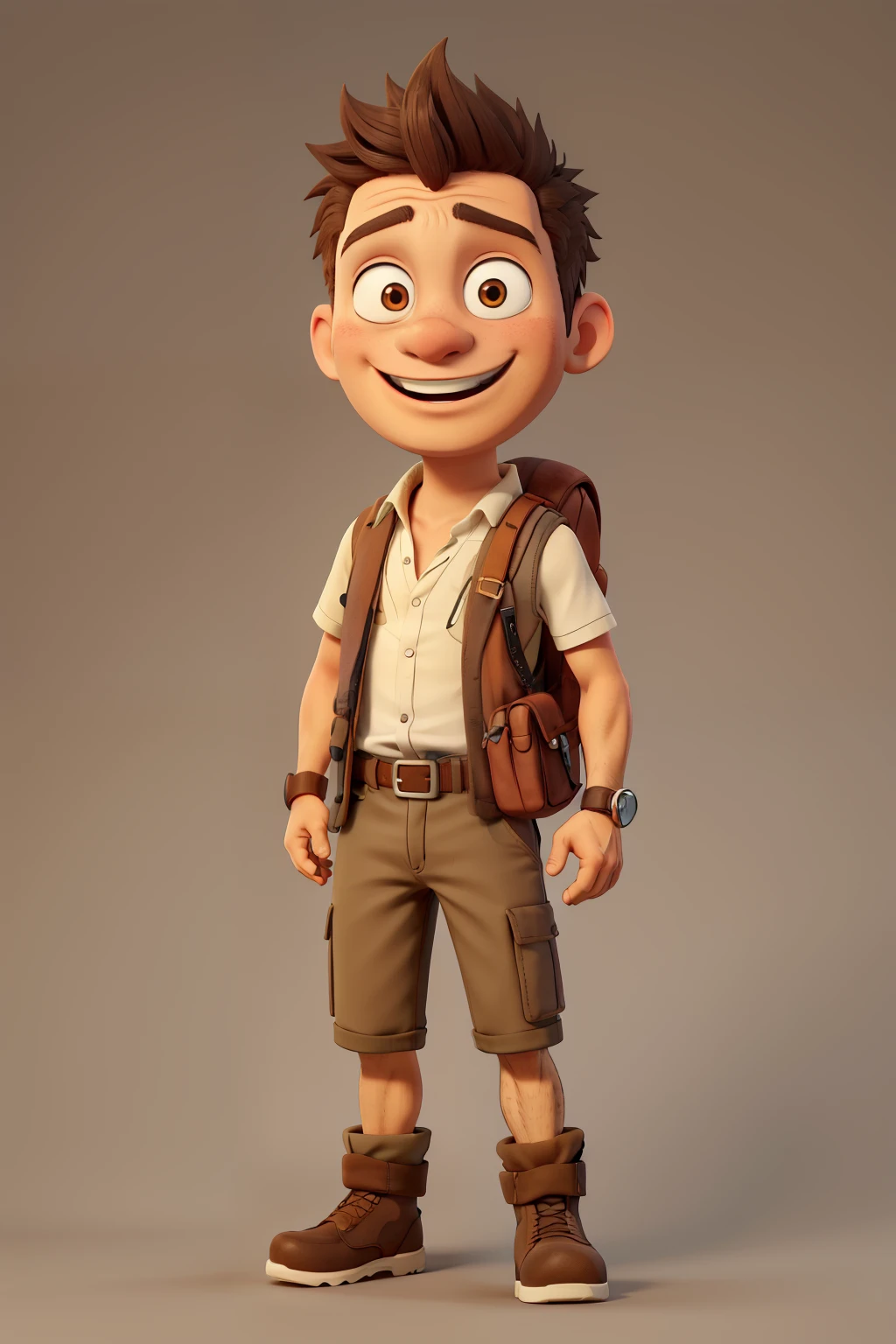 ((best qualityer)), ((work of art)), (detailded), I want to create an adventurous and friendly character avatar for my dropshipping store called Primo Nomad. Ele deve ter:
muka: A friendly and confident expression, com um leve sorriso. Balanced facial features, with a slightly square chin.
eyeballs: eyeballs castanhos claros, expressive and warm.
body hair: body hair castanho curto e ligeiramente despenteado, with a natural appearance.
Skinned: medium skin tone, with a light tan, as someone who spends a lot of time outdoors.
vestimentas: Wearing a short-sleeved cotton shirt, light-colored (like beige or white), combined with a travel vest. Add a travel backpack on your back.
Accessories: An Indiana Jones-style explorer's hat, which may be slightly tilted to one side. Maybe some travel accessories like a compass or map hanging from your backpack.
enviroment: The background could be something simple and related to travel or exploration, like a stylized world map or blurred natural landscapes.
Position: he must be calling us