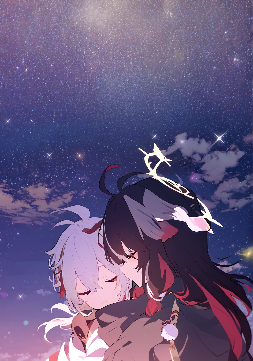 Man and woman couple, couple, walking under the stars, at night, a little stuck, 1 girl, Columbina, multicilor hair, two color hair, colored inner hair, decoration for your hair, black fur, dark fur, with red outline, closed eyes, 1 chico, Kaedehara Kazuha, white hair with a red streak, hair ornament