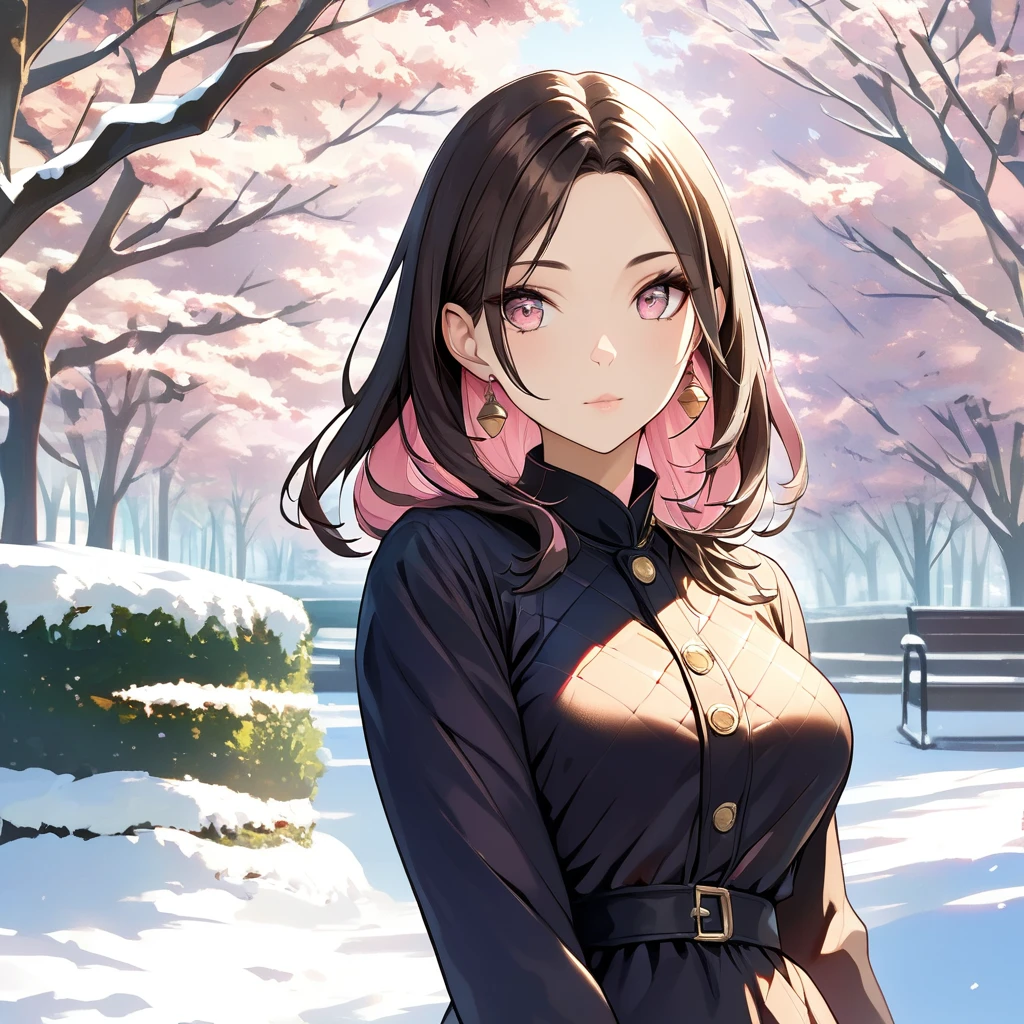 1 girl, human, full body, ((Masterpiece, high quality, HD, High Details)), Bell Shape breasts (Narrower at the top and fuller at the bottom, resembling a bell), background: winter, outside, Walking through a park, looking at viewer, Eyes: Almond-shaped, dark brown, Nose: Small and slightly upturned, Lips: Full, rosy pink, Hair: Long, wavy, black, Skin Tone: Fair with a pink undertone, Eyebrows: Thick and gently arched, Cheekbones: High and defined, Chin: Rounded, Ears: Small and close to the head, Expression: Serene and thoughtful, wearing (Quilted puffer dress).
