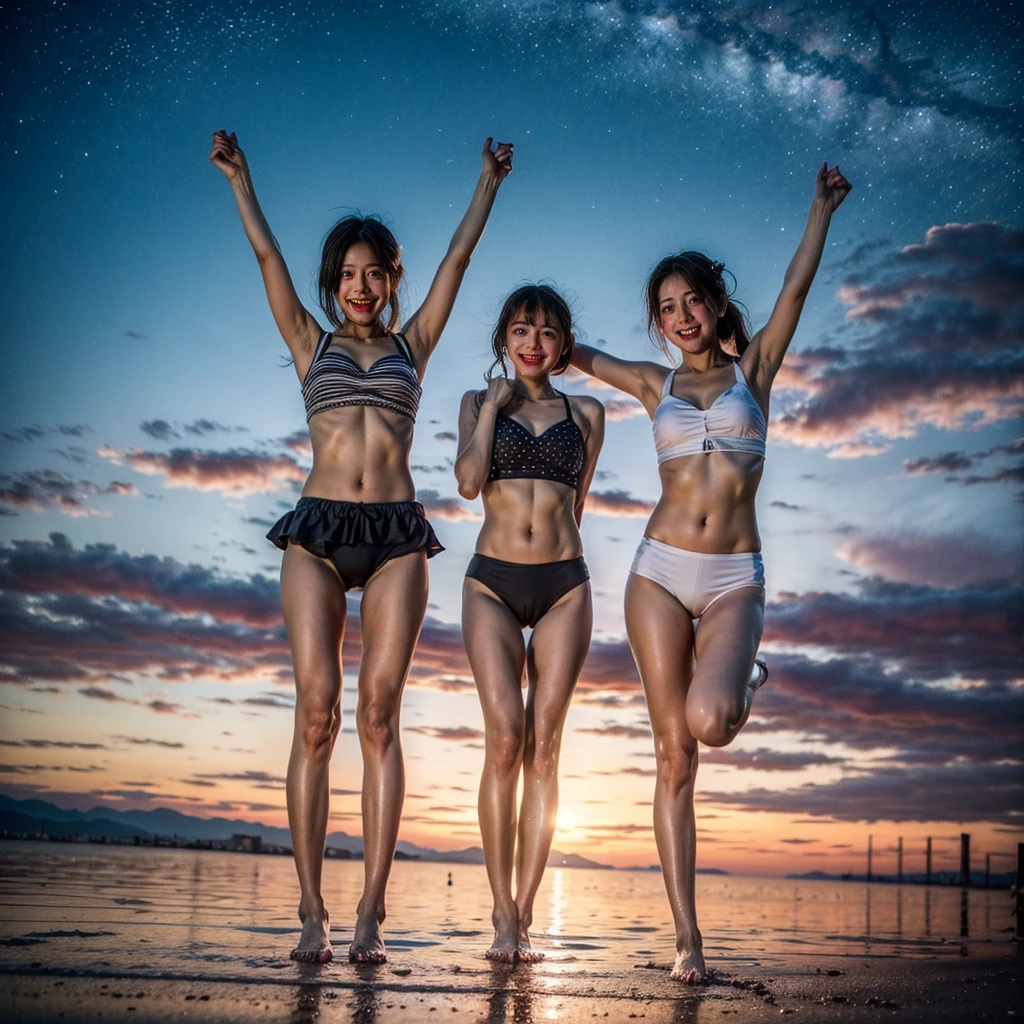 Masterpiece of ProfessionalPhoto ((ExtremelyDetailed (12 PICHIPICHI KAWAII Girls Floating in The Air in a row:1.37) in WHITE at Dusk Enoshima Beach)), {(Standing Full Body:1.2)|(from below:1.2)|Detailed KAWAII face}, Different types of hair colors, {(skinny(school swimwear))|(SchoolUniform)with Skinny AthleticShorts}, {(Corrected Childish hand)|Hidden hand|Different types of breasts|(Clearly Visible the shape of Butt)}, Joyful Expressions LifeLike Rendering, PerfectLighting, (Dazzling Horizon Visible through ThighGap), (Starry IridescentParticles:1.22) ColorfulClouds