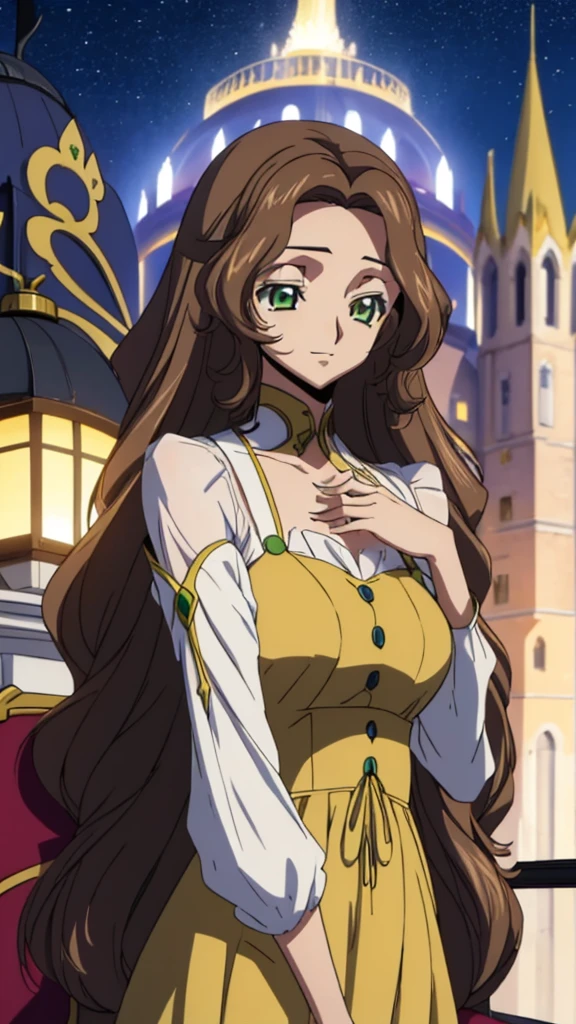 Score_9, score_8, score_7, code Geass_anime, Anastasia lamperough, brown hair and green eyes, long hair, yellow dress, smile, cute, Paris, castle, room, night, best quality, masterpiece+