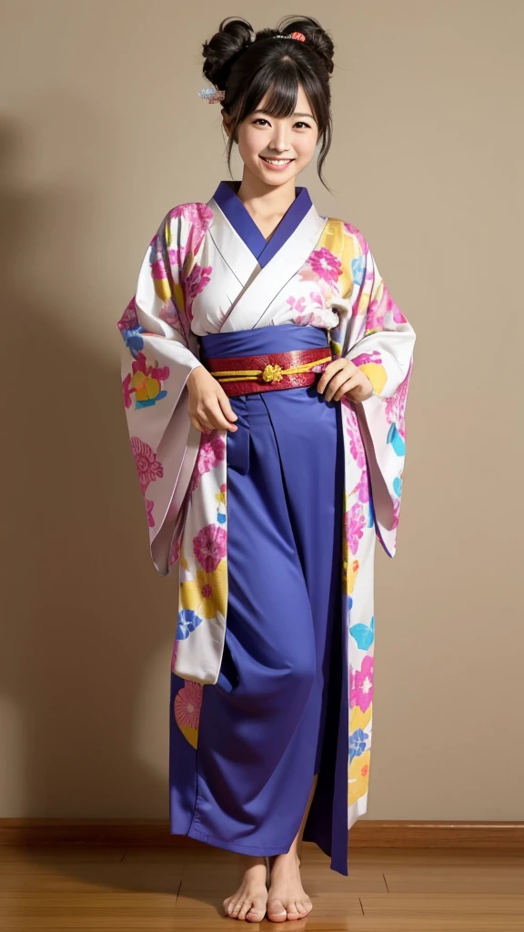 Japanese woman playing electric guitar, kimono, clothes messy, playing pose, hair up and with loose strands, one bare leg visible from the hem, full kimono, standing pose, Benzaiten, one leg hidden up to the ankle, smiling, Lift and bend your left leg and twist your waist slightly.