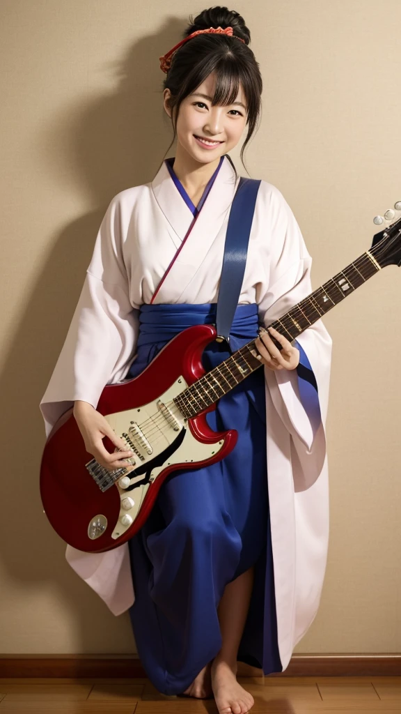 Japanese woman playing electric guitar, kimono, clothes messy, playing pose, hair up and with loose strands, one bare leg visible from the hem, full kimono, standing pose, Benzaiten, one leg hidden up to the ankle, smiling, Lift and bend your left leg and twist your waist slightly. 