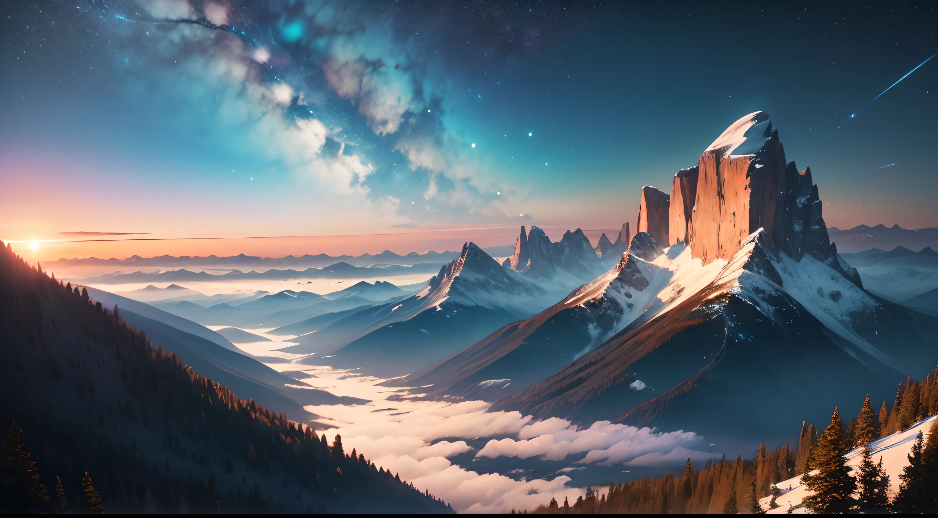 (Best Quality,4k,8k,high resolution,Masterpiece:1.2),ultra detailed,(realist,photorealist,photo-realist:1.37),landscape,mountains,average,sky,stars,Shooting Star,trees,showy,surrealist lighting,serene atmosphere,ethereal,peaceful,greatness,tranquil,Rolling Hills,wide views,majestic peaks,lush vegetation,skys azules profundos,Impressive scenography,airy clouds,Dreamer,immersive,calm,harmony,sublime,vivid colors,sparkling stars,luminous moonlight,spectacular sunset,magical twilight,misty morning,faint rays of sun,bright celestial objects,bright constellations,whispering winds,majestic heights,infinite horizon,serene stillness,undulating landscape,Natural wonders,quiet beauty,quiet solitude,impressive panorama,landscape celestial,splendid vistas,soaring mountains,impressive beauty,natural majesty,perennial trees,billowing clouds,heavenly paradise,Mystic aura,Virgin nature.