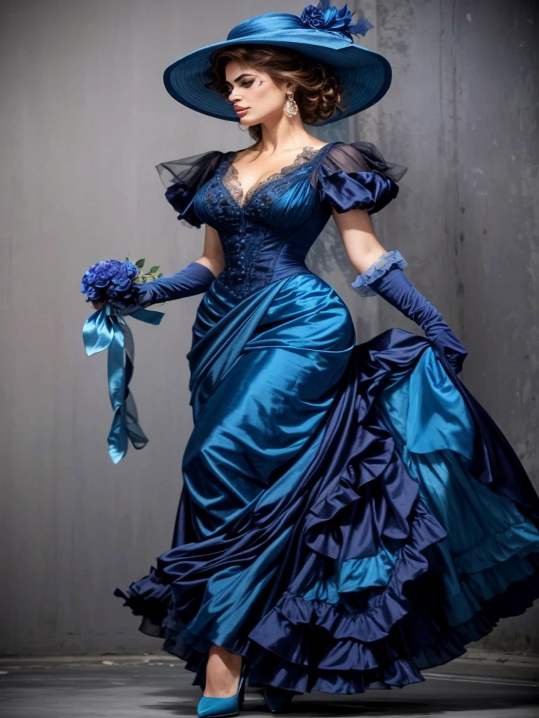 A close-up of a woman (Eva Mendes) in a blue dress and hat, the dress has a deep neckline, The woman has a beautiful bosom, Victorian red dress, elegant woman, to wear a magnificent dress