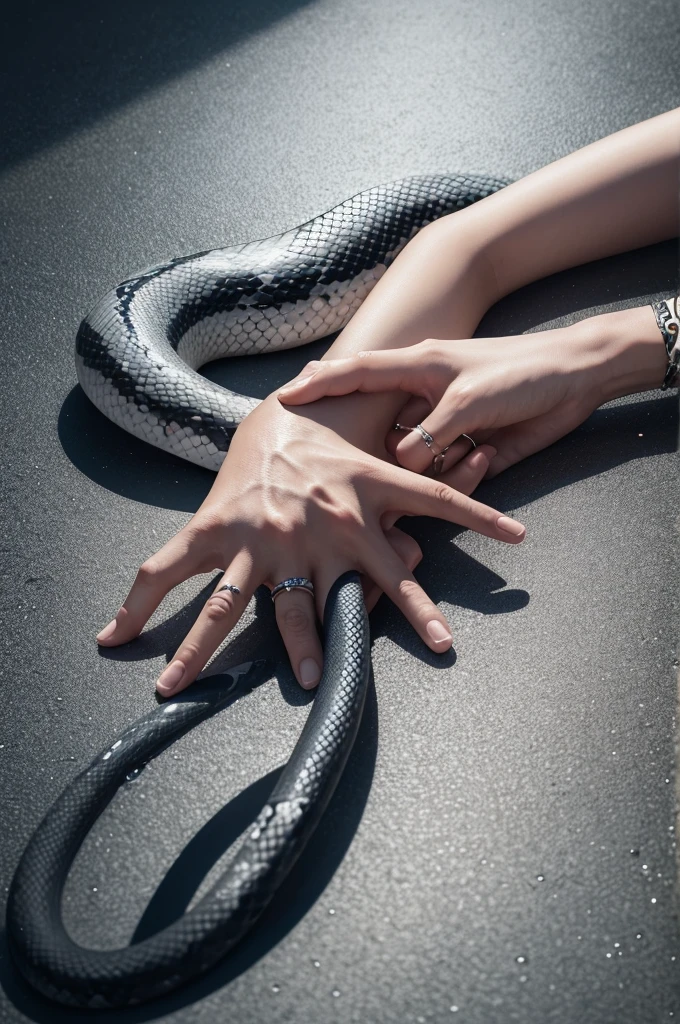Create an image with two hands stretched out on the left hand a third with leaves and song lyrics on the right hand or microphone on the left forearm a snake tattoo on the right hand the tattoo of Zeus and on the right wrist a written tattoo continue on the right hand a ring silver on the little finger and on the left hand a ring studded on the index finger the background of the image puddles on the ground reflecting rain