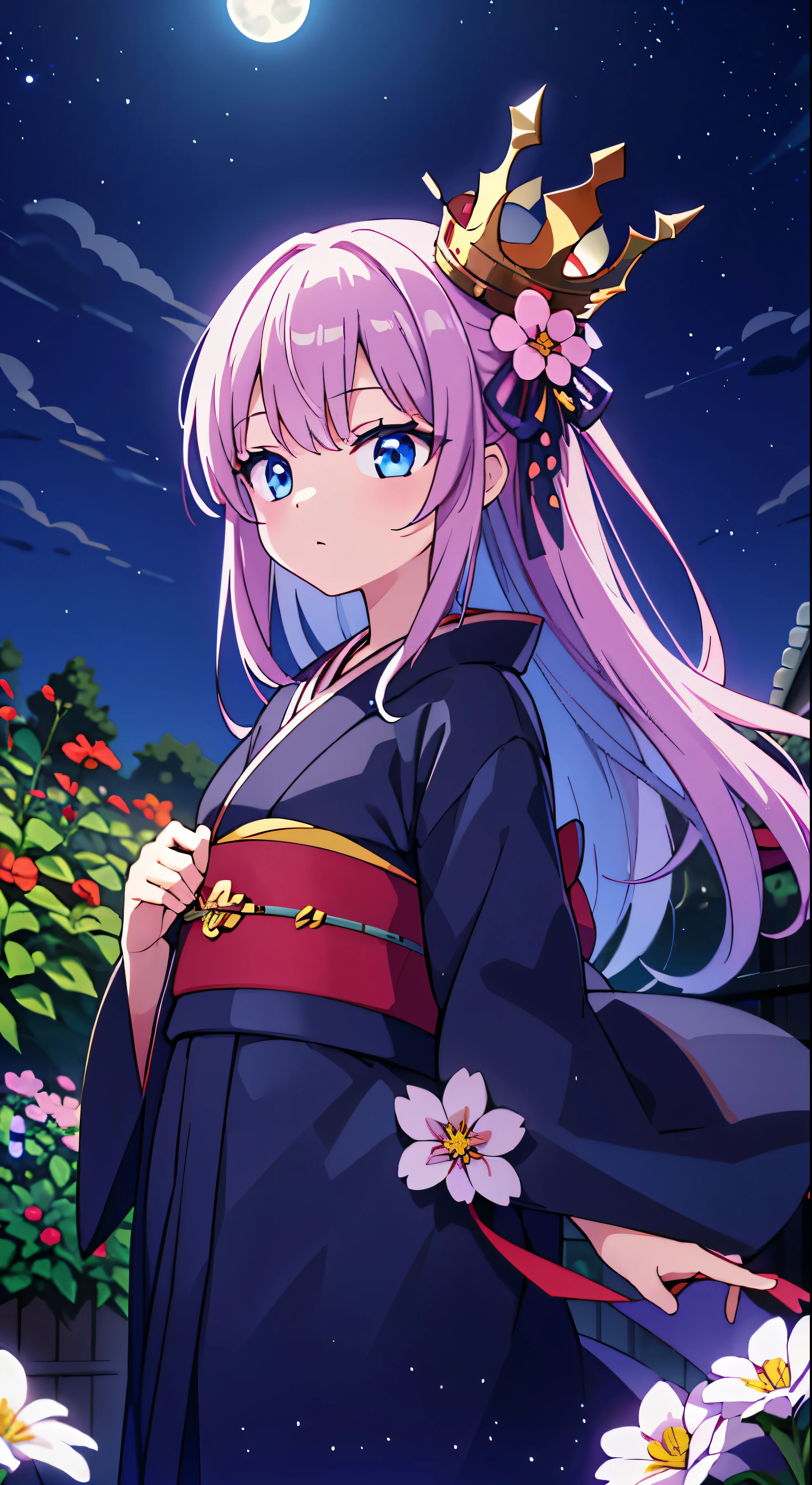 Highest quality、high_resolution、distinct_image、Detailed Background、girl、kimono、flower、garden、moon、night、Sharp angles、Wide Shot、Crown、