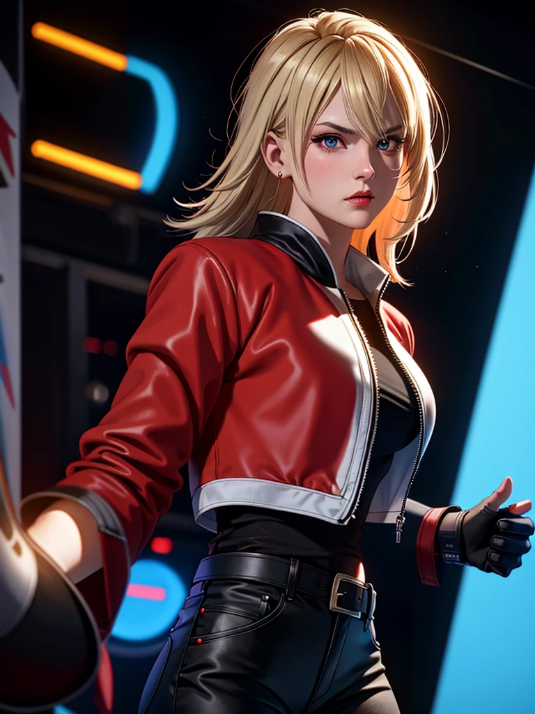 25-year-old woman, alone, blonde hair, red jacket, black t-shirt, black belt and black pants, black fingerless exercise gloves, annoyed look, expelling great blue power, cinematic, ultra-sharp focus, photography award winning, perfect contrast, high sharpness, depth of field, ultra detailed photography, global illumination, fluid, ultra high definition, 8k, Unreal Engine 5, ultra sharp focus, award winning photography, art station trends