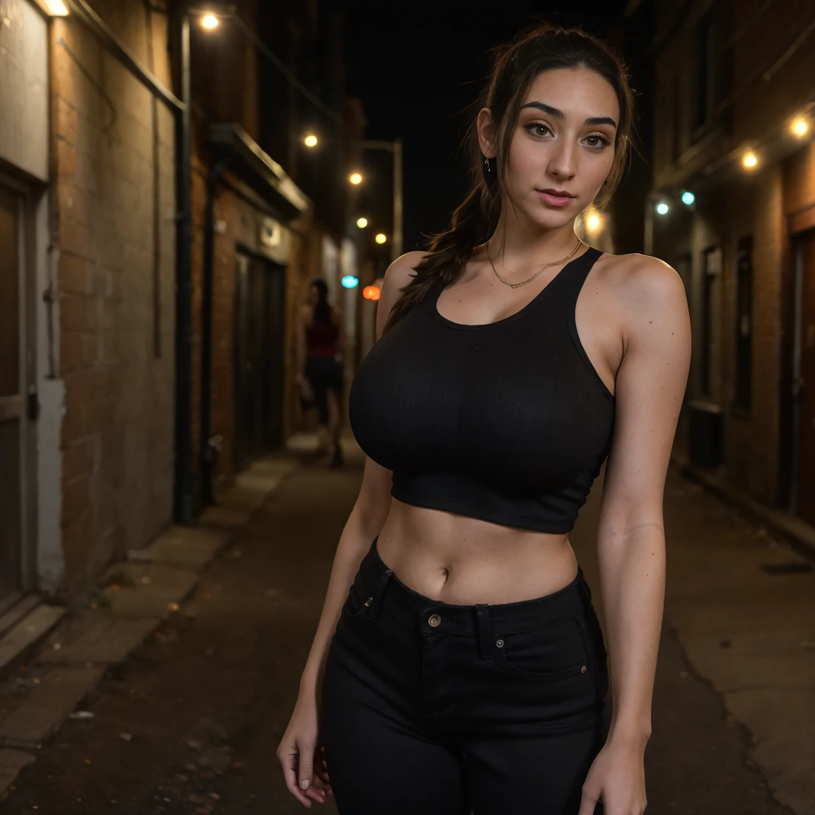 GTA game girl. ((no shadow. no shadow)). ((Realistische Beleuchtung, best quality, 8K)), looking straight at the camera, visible up to the thighs, 1girls, Perfect Body Beauty: 1.4, (long blonde hair), (Lara Croft crop top and trousers: 1.4), ( Afternoon: 1.1), bust, bust, (city street), (real life big mom). Lara Croft style. Big breast. Full body.