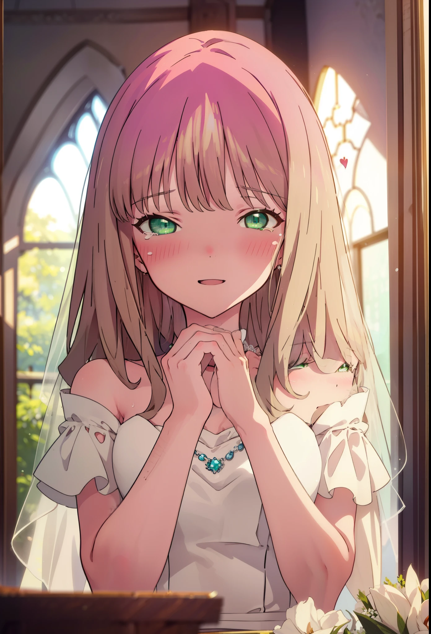 minami yume ,sss Dynazenon ,Long Hair, Brown Hair, (Green Eyes:1.5) ,blush,happy smile, smile, Open your mouth,Off-the-shoulder wedding dresses,Wedden Skirt,necklace,Veil,bouquet,Close both eyes,Tears stream down her face,Tears of joy,I cry a lot,　　　　　　　　　　　　 
 break looking at viewer, whole body,(Cowboy Shot:1. 5) 　　　　　　　　　　　　　　　　　　　break indoors, Chapel,church, 　　　　　　　　　　　break (masterpiece:1.2), Highest quality, High resolution, unity 8k wallpaper, (shape:0.8), (Beautiful attention to detail:1.6), Highly detailed face, Perfect lighting, Highly detailed CG, (Perfect hands, Perfect Anatomy),