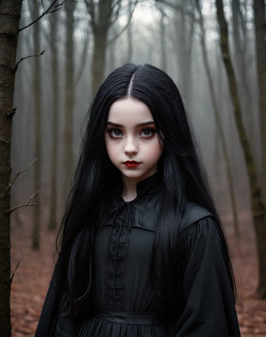 illustration of 11 years old daughter of severus snape, ,long black hair,pale skin,hair over eyes,black eyes,witch, beautiful, dark forest, dark background, dark, dark, orange colours, red colours, autmn, gothic
