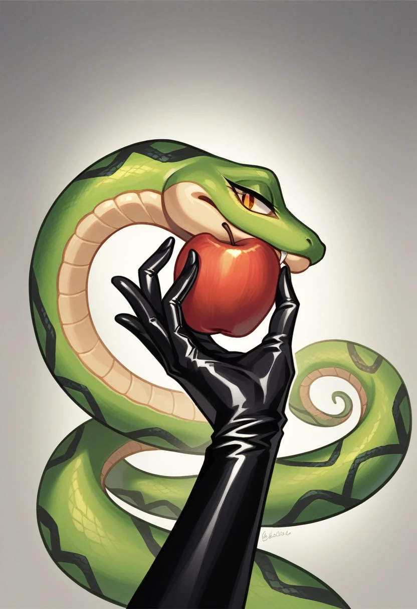 A close shot of woman hand, a black latex gloved hand,holding a snake and an apple in their hand, one holds apple in hand, about to consume you, inspired by Michelangelo Merisi da Caravaggio, done in the style of caravaggio, snake around hand and biting apple