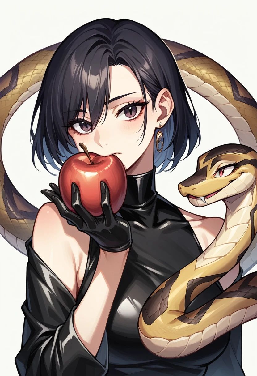 A close shot of woman hand, a black latex gloved hand,holding a snake and an apple in their hand, one holds apple in hand, about to consume you, inspired by Michelangelo Merisi da Caravaggio, done in the style of caravaggio, snake around  hand and biting apple