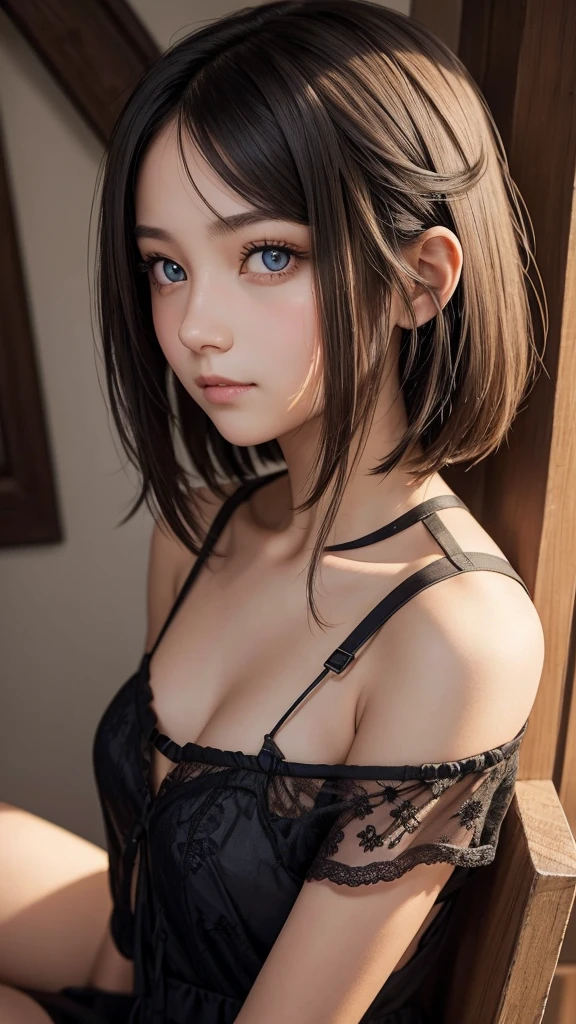 a girl who has short, beautiful shoulder-length hair and eyes that have the impression of a sharp gaze and has a cheeky and indifferent facial gesture
