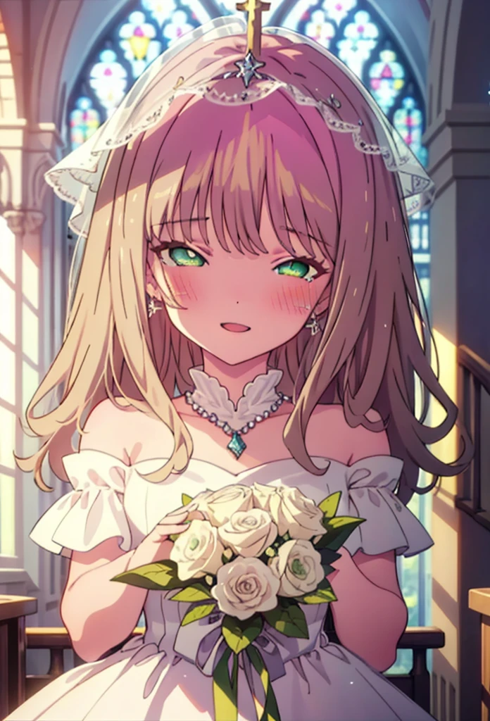 minami yume ,sss Dynazenon ,Long Hair, Brown Hair, (Green Eyes:1.5) ,blush,happy smile, smile, Open your mouth,Off-the-shoulder wedding dresses,Wedden Skirt,necklace,Veil,bouquet,Close both eyes,Tears stream down her face,Tears of joy,I cry a lot,　　　　　　　　　　　　 
 break looking at viewer, whole body,(Cowboy Shot:1. 5) 　　　　　　　　　　　　　　　　　　　break indoors, Chapel,church, 　　　　　　　　　　　break (masterpiece:1.2), Highest quality, High resolution, unity 8k wallpaper, (shape:0.8), (Beautiful attention to detail:1.6), Highly detailed face, Perfect lighting, Highly detailed CG, (Perfect hands, Perfect Anatomy),