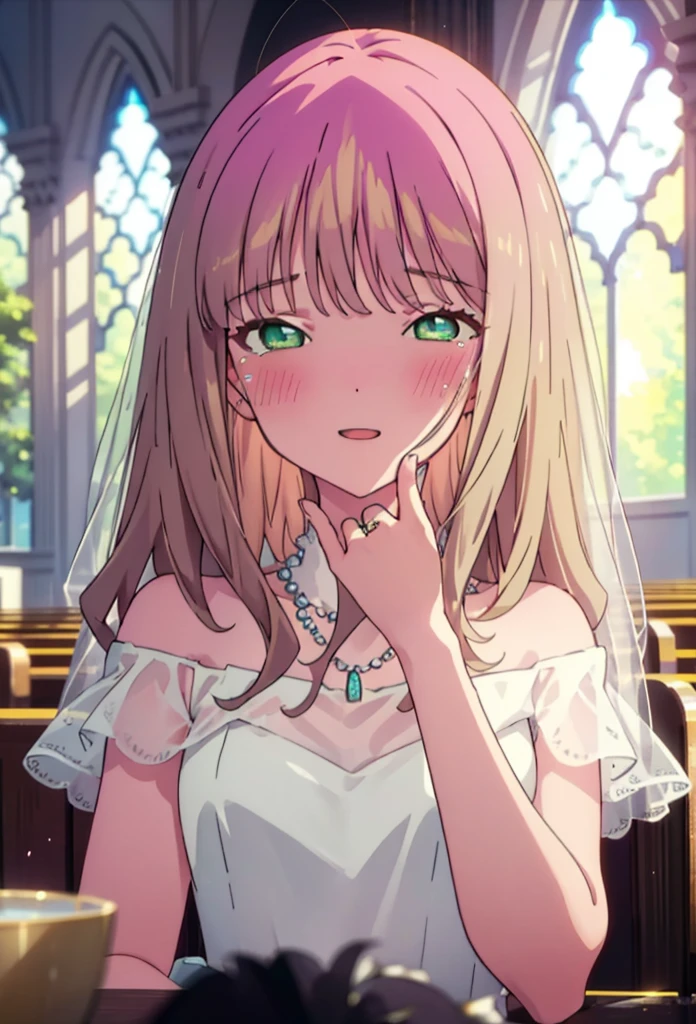 minami yume ,sss Dynazenon ,Long Hair, Brown Hair, (Green Eyes:1.5) ,blush,happy smile, smile, Open your mouth,Off-the-shoulder wedding dresses,Wedden Skirt,necklace,Veil,bouquet,Close both eyes,Tears stream down her face,Tears of joy,I cry a lot,　　　　　　　　　　　　 
 break looking at viewer, whole body,(Cowboy Shot:1. 5) 　　　　　　　　　　　　　　　　　　　break indoors, Chapel,church, 　　　　　　　　　　　break (masterpiece:1.2), Highest quality, High resolution, unity 8k wallpaper, (shape:0.8), (Beautiful attention to detail:1.6), Highly detailed face, Perfect lighting, Highly detailed CG, (Perfect hands, Perfect Anatomy),