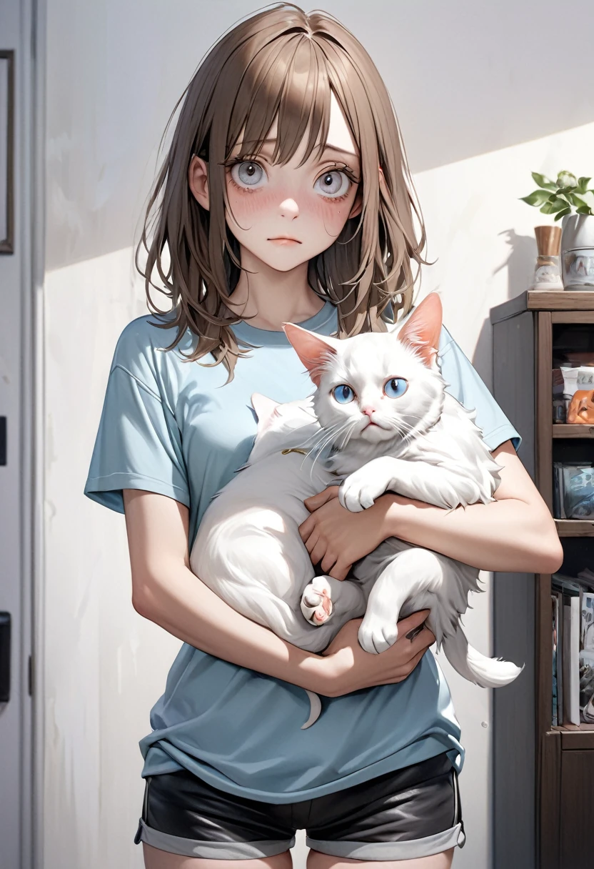 Super realistic T-shirt, shorts, holding a white cat, droopy eyes