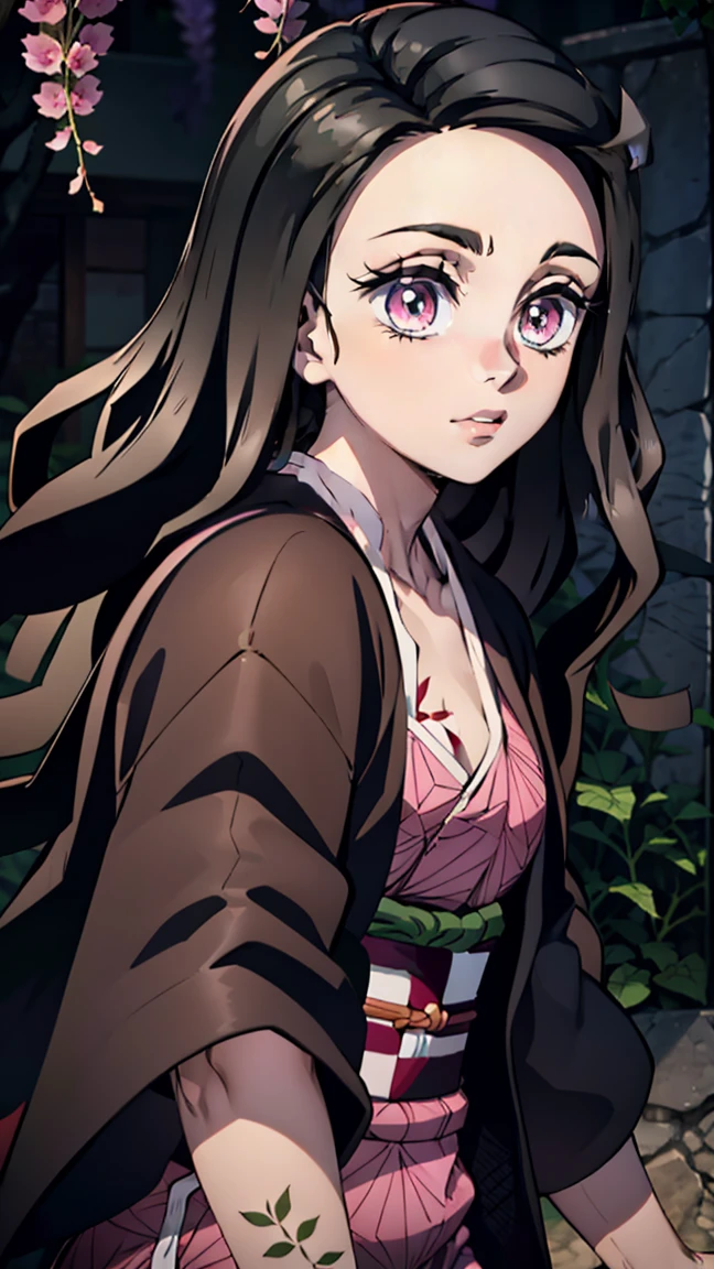 woman, adult girl, real photos、girlка демон, Focus on the eyes, tears of joy, stupidly, night, grin, demonic smile, beautiful, Blinding smile, very sweet, Kimano, girl, top quality изображения、character design of Nezuko from Demon Slayer, chedevr, (pink kimono), seductive face, kamado stupidly、Demon kamado stupidly、ancient japan, charm of kamado stupidly, leaf tattoos, tattoos pierce the whole body, finely detail, chedevr, Shining eyes, 1girl in, Dark-haired, , kamado stupidly, wisteria background, chedevr, top quality,