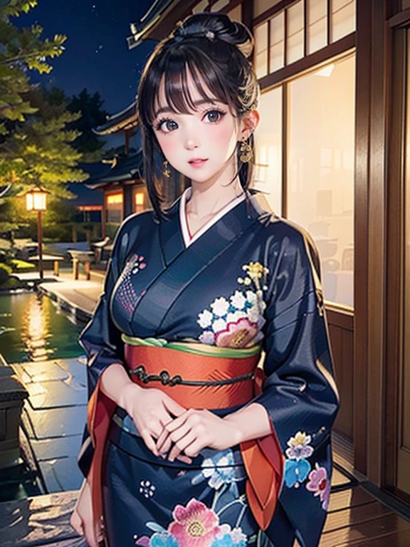 (Highest quality、 8k wallpaper、masterpiece、High resolution)、Vibrant colors、Ample breasts、Black hair in a Japanese round topknot、Brown-black bob、Beautiful girl in yukata、Vivid floral pattern、whole body、(Highly detailed face and eyes、Beautiful Face、Beautiful Eyes、Beautiful nose、Pretty lips)、A friendly gaze、above the knee shot、Highly detailed background、Japanese garden、moonlight、Full moon and starry sky、Official Art、