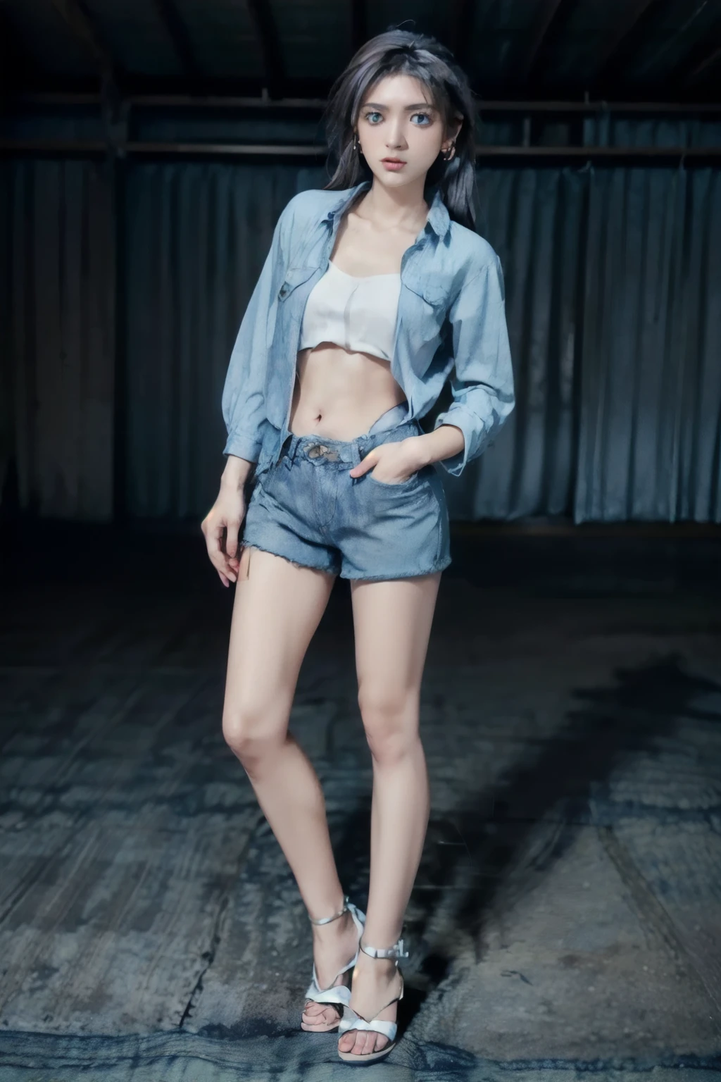 (tall:2),(photo realist: 1.2), (hiper realist: 1.2), (realistic: 1.2), (smoother lighting: 1.2), (Improve the quality of movie lighting: 1.2), (RAW photo:1.2), (better quality:1.2), (beauty eyes:1.2), (masterpiece:1.2), (Physically based rendering:1.2), (ultra high resolution:1.2), (best quality:1.2),(standing:2),(full body shot:2),(sexy pose:2),(blue long hair:1.2),(beauty face:1.2),(earring:2),(ember eyes:2),(tied shirt:1.2),(denim micro shirt:2),(belt:1.2),(beauty legs:2),(sandals:1.2),(simple background:1.2),(shiny skin:1.2),(navel:1.2)