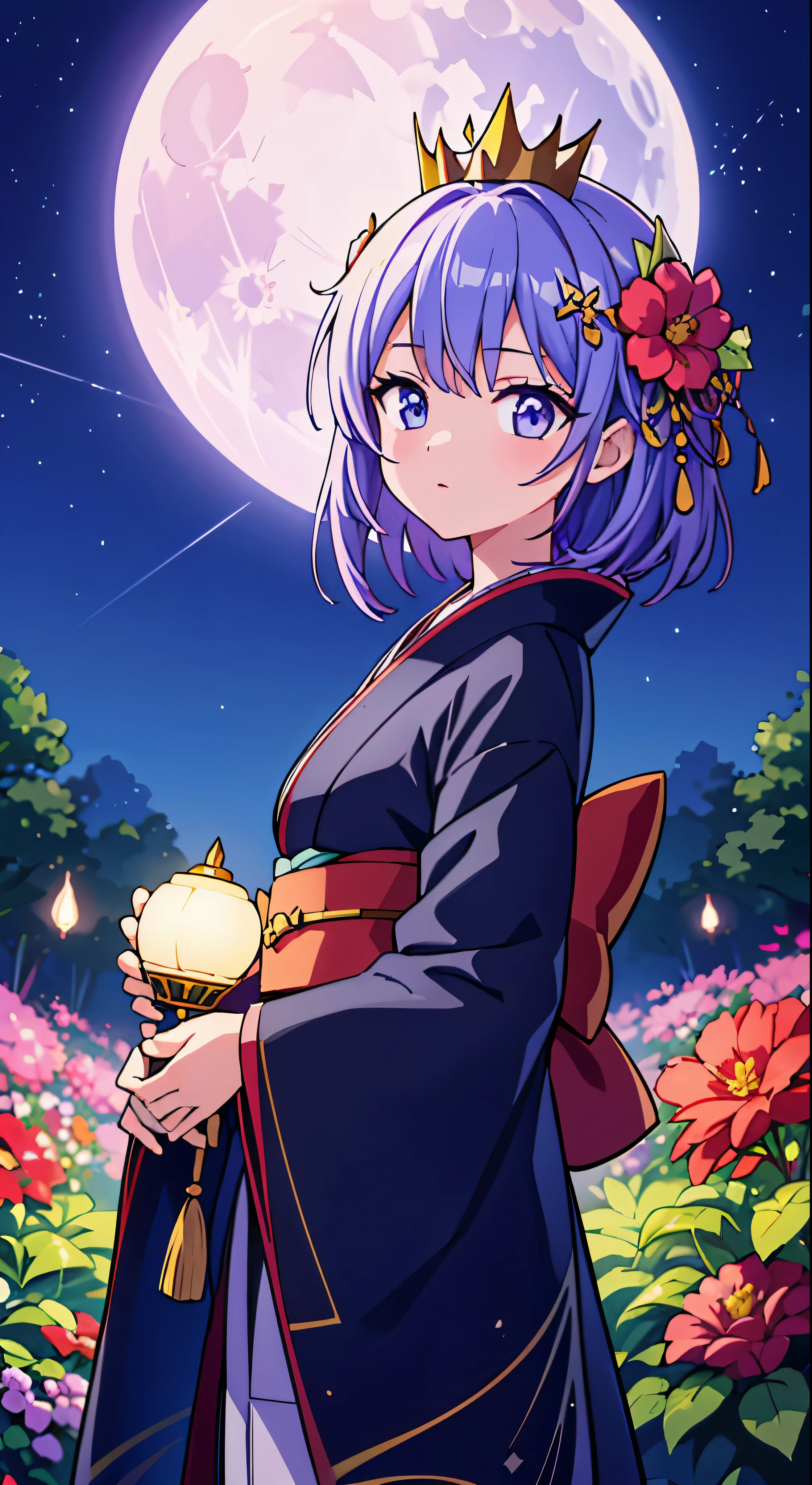 Highest quality、high_resolution、distinct_image、Detailed Background、girl、kimono、flower、garden、moon、night、Sharp angles、Wide Shot、Crown、