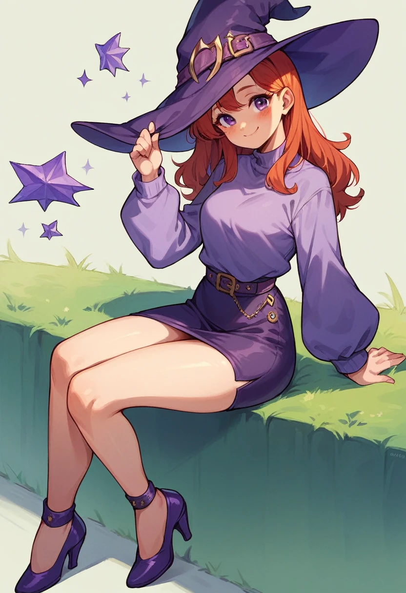 cute redhead girl, with long red hair, purple eyes, purple shirt, dark purple skirt, purple witch hat, purple heels, cute smile, blushing