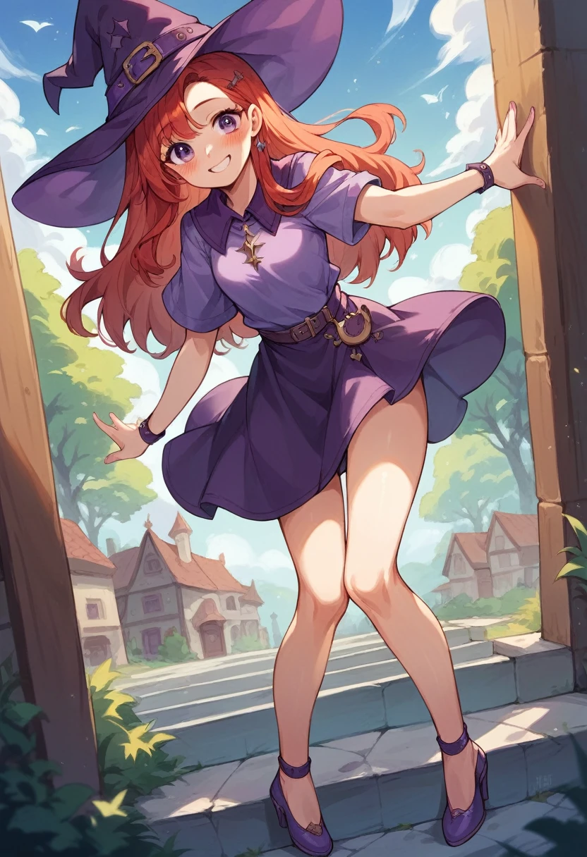  cute redhead girl, with long red hair, purple eyes, purple shirt, dark purple skirt, purple witch hat, purple heels, cute smile, blushing