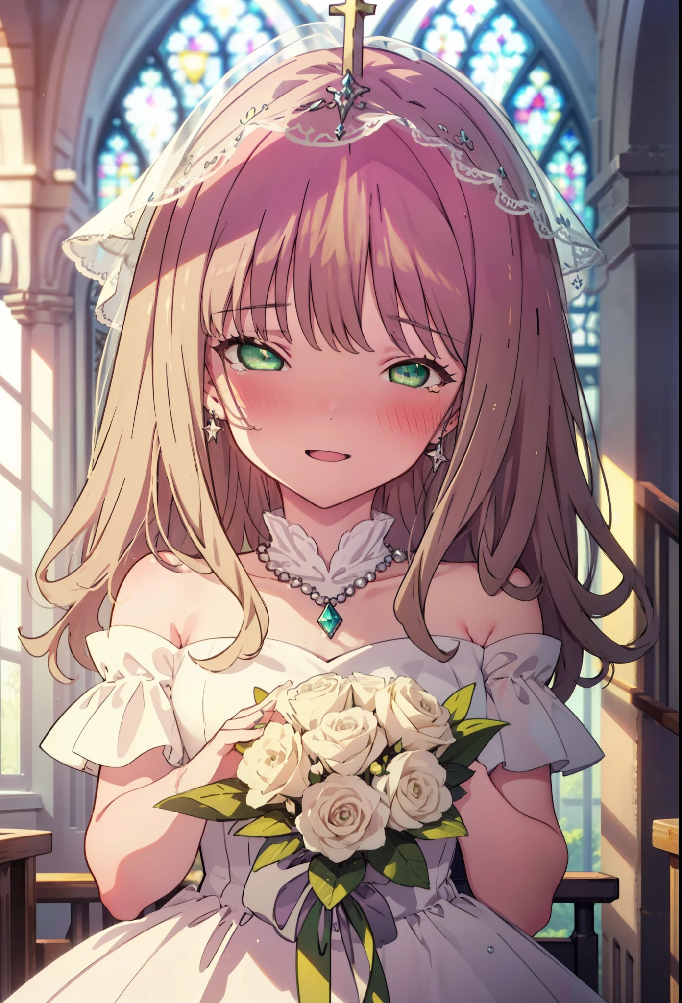 minami yume ,sss Dynazenon ,Long Hair, Brown Hair, (Green Eyes:1.5) ,blush,happy smile, smile, Open your mouth,Off-the-shoulder wedding dresses,Wedden Skirt,necklace,Veil,bouquet,Close both eyes,Tears stream down her face,Tears of joy,I cry a lot,
break looking at viewer, whole body,(Cowboy Shot:1. 5) break indoors, Chapel,church, break (masterpiece:1.2), Highest quality, High resolution, unity 8k wallpaper, (shape:0.8), (Beautiful attention to detail:1.6), Highly detailed face, Perfect lighting, Highly detailed CG, (Perfect hands, Perfect Anatomy),