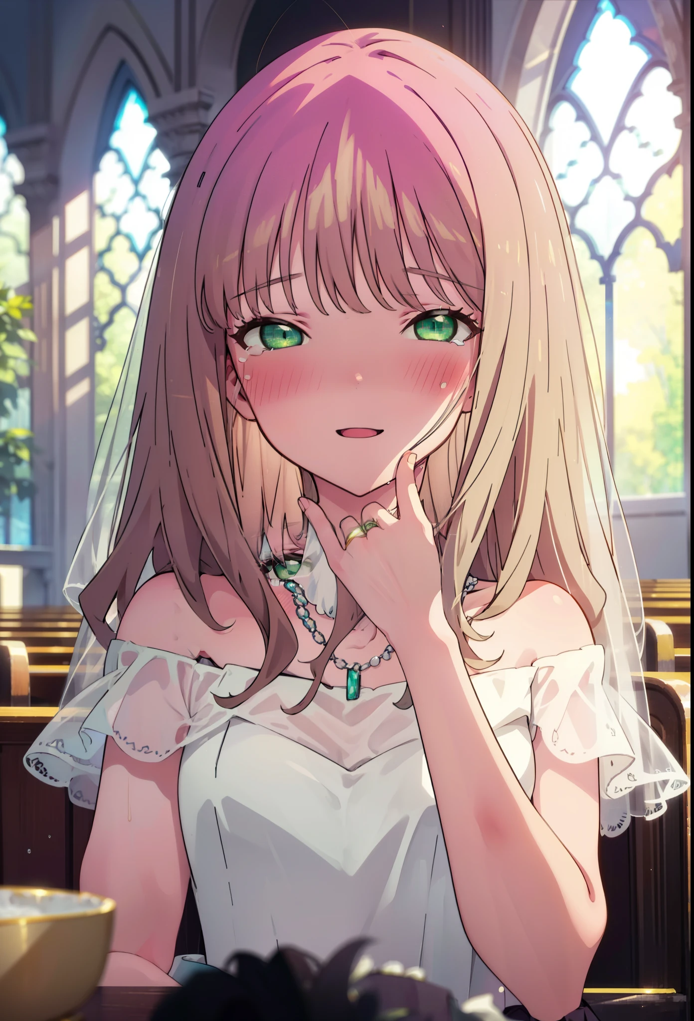minami yume ,sss Dynazenon ,Long Hair, Brown Hair, (Green Eyes:1.5) ,blush,happy smile, smile, Open your mouth,Off-the-shoulder wedding dresses,Wedden Skirt,necklace,Veil,bouquet,Close both eyes,Tears stream down her face,Tears of joy,I cry a lot,　　　　　　　　　　　　 
 break looking at viewer, whole body,(Cowboy Shot:1. 5) 　　　　　　　　　　　　　　　　　　　break indoors, Chapel,church, 　　　　　　　　　　　break (masterpiece:1.2), Highest quality, High resolution, unity 8k wallpaper, (shape:0.8), (Beautiful attention to detail:1.6), Highly detailed face, Perfect lighting, Highly detailed CG, (Perfect hands, Perfect Anatomy),