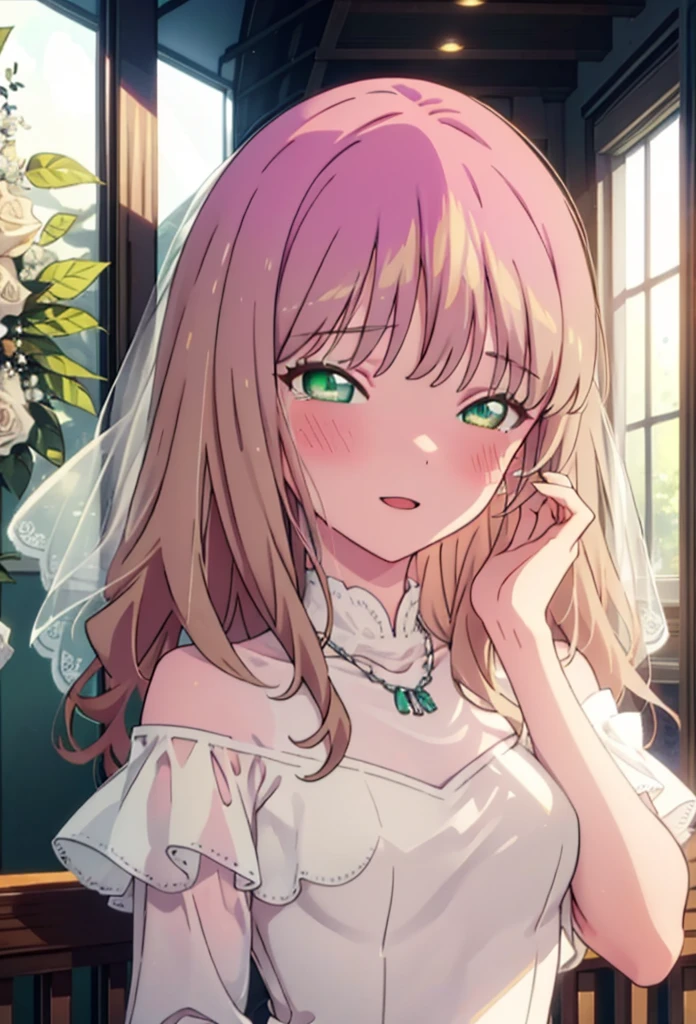 minami yume ,sss Dynazenon ,Long Hair, Brown Hair, (Green Eyes:1.5) ,blush,happy smile, smile, Open your mouth,Off-the-shoulder wedding dresses,Wedden Skirt,necklace,Veil,bouquet,Close both eyes,Tears stream down her face,Tears of joy,I cry a lot,　　　　　　　　　　　　 
 break looking at viewer, whole body,(Cowboy Shot:1. 5) 　　　　　　　　　　　　　　　　　　　break indoors, Chapel,church, 　　　　　　　　　　　break (masterpiece:1.2), Highest quality, High resolution, unity 8k wallpaper, (shape:0.8), (Beautiful attention to detail:1.6), Highly detailed face, Perfect lighting, Highly detailed CG, (Perfect hands, Perfect Anatomy),
