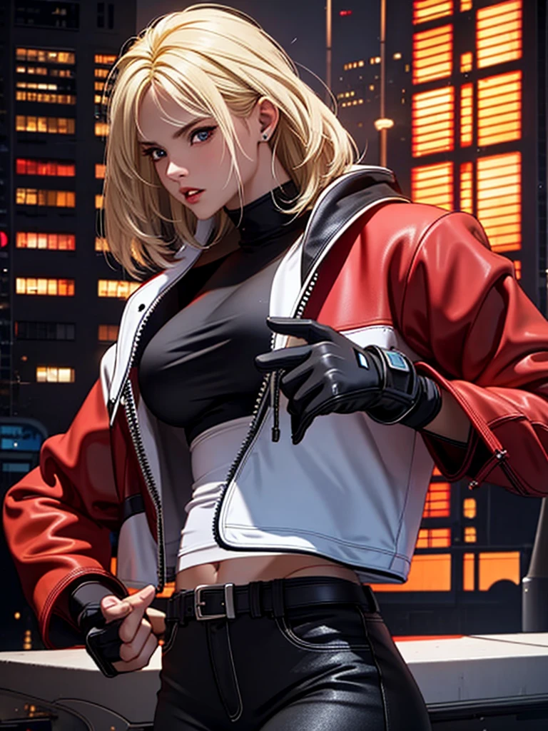 25-year-old woman, alone, blonde hair, red jacket, black t-shirt, black belt and black pants, black fingerless exercise gloves, annoyed look, expelling great blue power, cinematic, ultra-sharp focus, photography award winning, perfect contrast, high sharpness, depth of field, ultra detailed photography, global illumination, fluid, ultra high definition, 8k, Unreal Engine 5, ultra sharp focus, award winning photography, art station trends