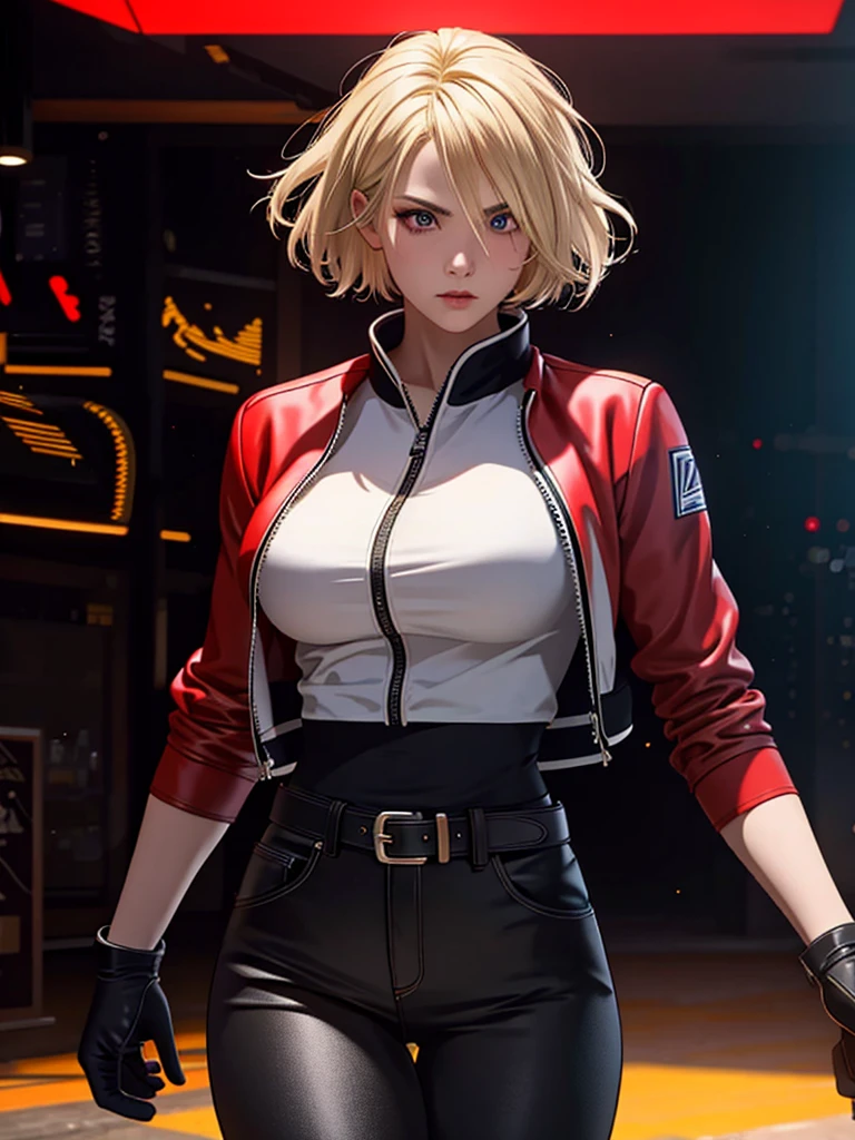 25-year-old woman, alone, blonde hair, red jacket, black t-shirt, black belt and black pants, black fingerless exercise gloves, annoyed look, expelling great blue power, cinematic, ultra-sharp focus, photography award winning, perfect contrast, high sharpness, depth of field, ultra detailed photography, global illumination, fluid, ultra high definition, 8k, Unreal Engine 5, ultra sharp focus, award winning photography, art station trends
