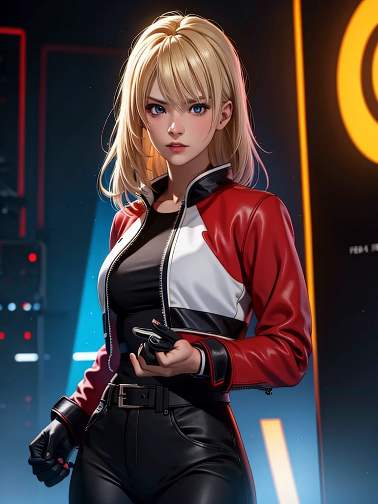 25-year-old woman, alone, blonde hair, red jacket, black t-shirt, black belt and black pants, black fingerless exercise gloves, annoyed look, expelling great blue power, cinematic, ultra-sharp focus, photography award winning, perfect contrast, high sharpness, depth of field, ultra detailed photography, global illumination, fluid, ultra high definition, 8k, Unreal Engine 5, ultra sharp focus, award winning photography, art station trends
