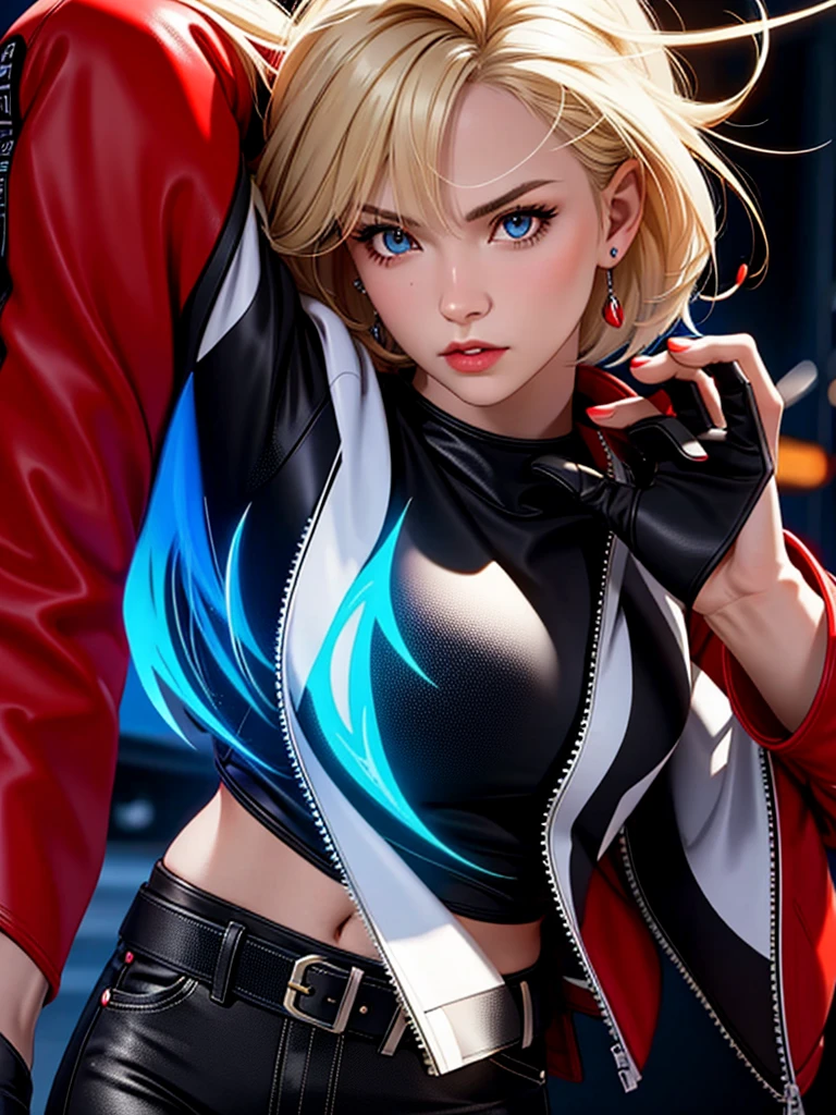 25-year-old woman, alone, blonde hair, red jacket, black t-shirt, black belt and black pants, black fingerless exercise gloves, annoyed look, expelling great blue power, cinematic, ultra-sharp focus, photography award winning, perfect contrast, high sharpness, depth of field, ultra detailed photography, global illumination, fluid, ultra high definition, 8k, Unreal Engine 5, ultra sharp focus, award winning photography, art station trends
