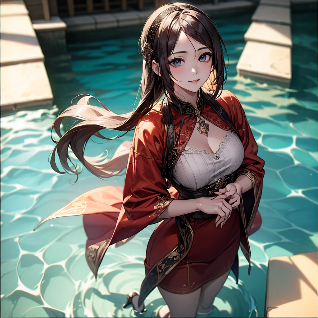 (Biologically correct limb count)、Full body, including face、4K、masterpiece、Focus on the face、Well-proportioned facial features、Delicate descriptive eyes、Beautiful woman、Excellent style、(head band、red gothic dress、High heels)、(smile)、(Close-up photo of the upper body)、look up、Photos with white borders、Looking into the camera、Standing on the surface of the water、